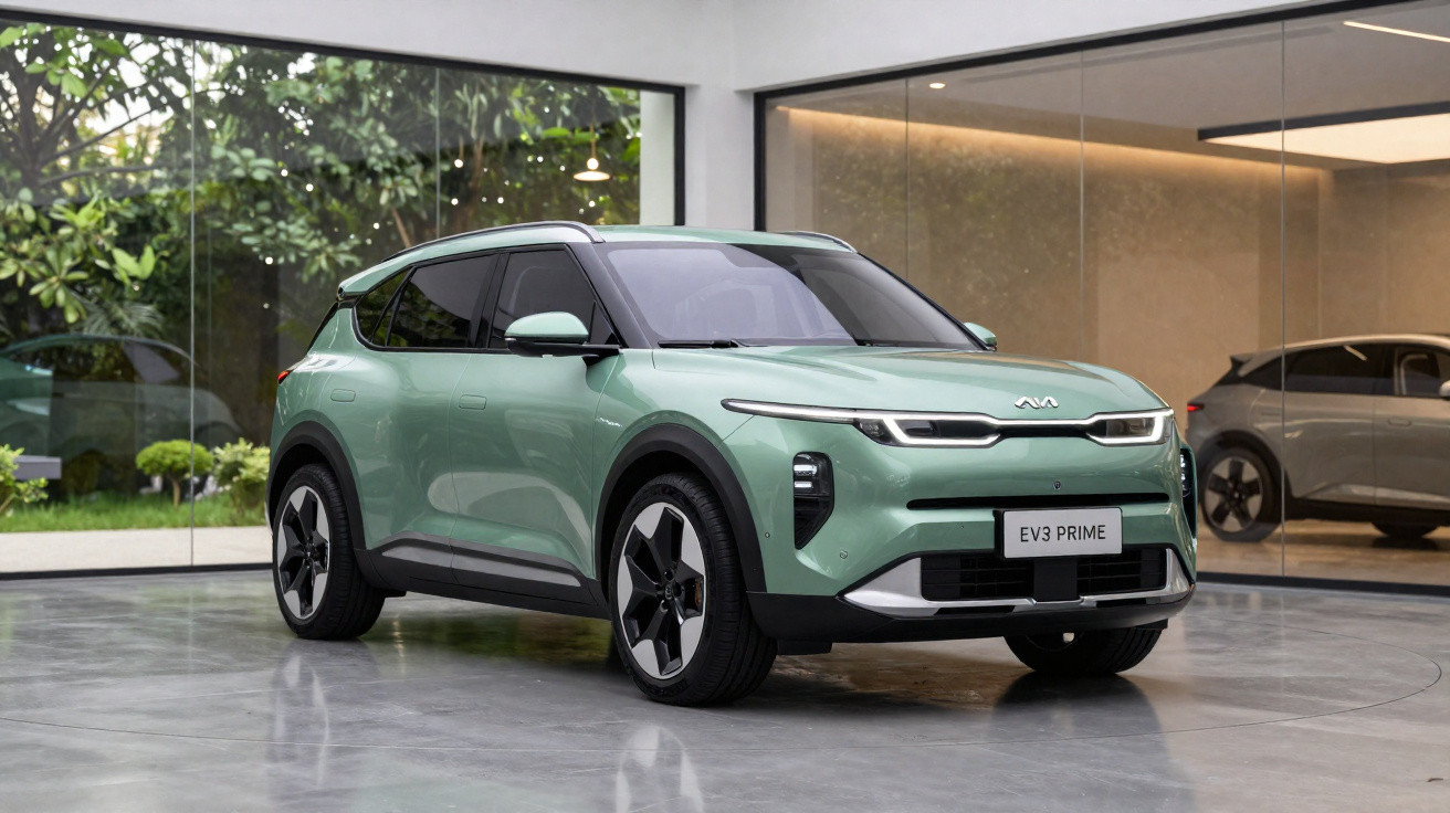 Carro elétrico verde Kia EV3 Prime estacionado em showroom moderno com paredes de vidro.