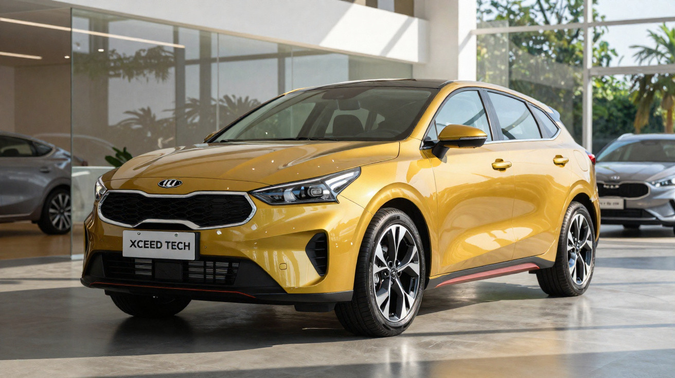 Carro Kia XCeed Tech amarelo estacionado em showroom moderno com piso cinza e vidro ao fundo.