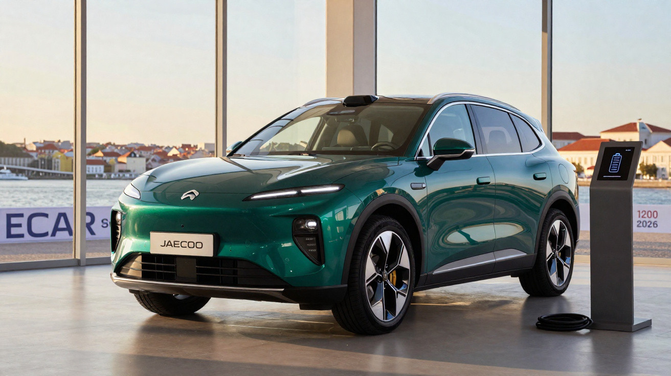 Carro elétrico verde modelo Jaecoo estacionado em área interna com estação de carregamento ao lado.