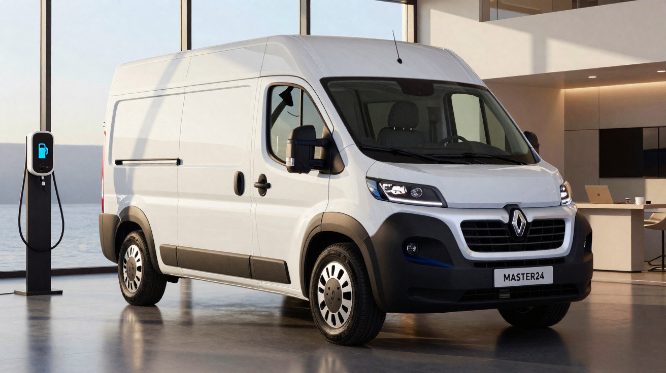Van branca elétrica Renault Master 24 estacionada em ambiente moderno com estação de recarga.