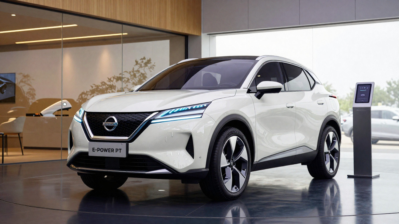 Carro elétrico Nissan E-Power PT branco estacionado em showroom moderno com detalhes em vidro e madeira.