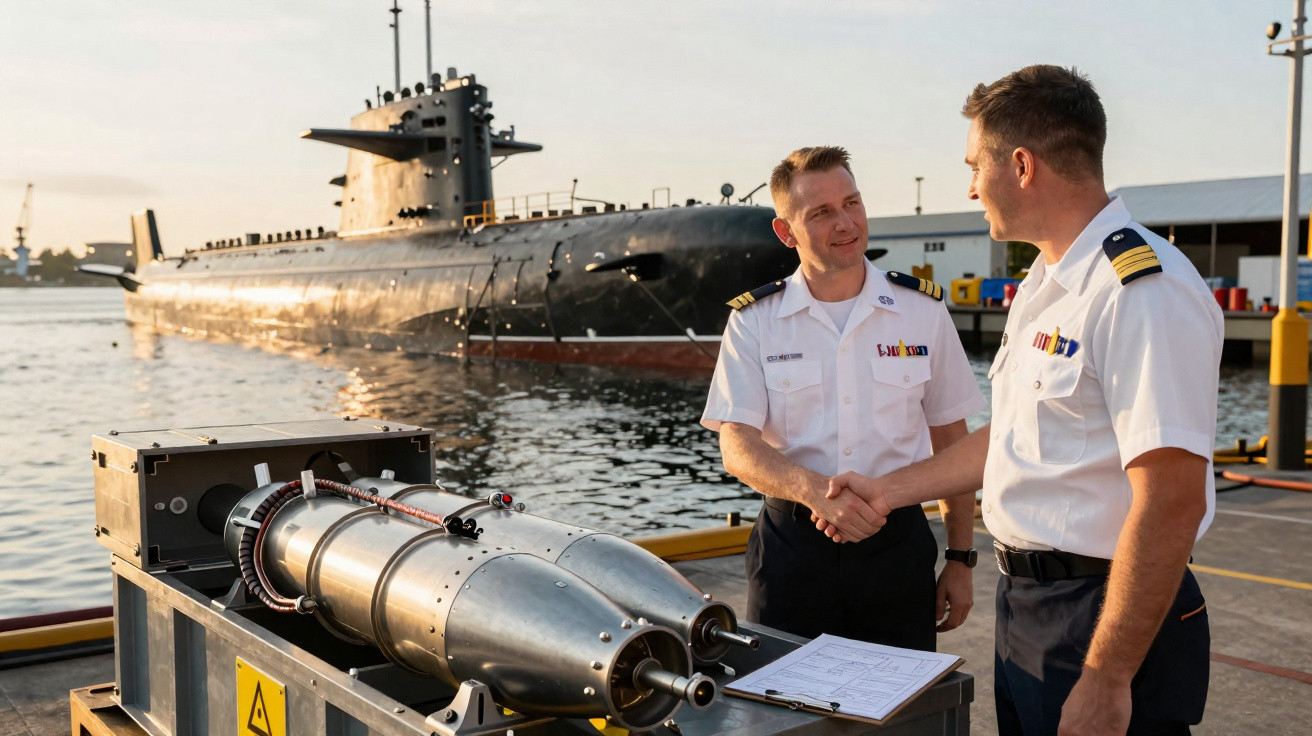 Dois oficiais da marinha dando aperto de mãos próximo a um submarino e equipamento tecnológico à beira-mar.