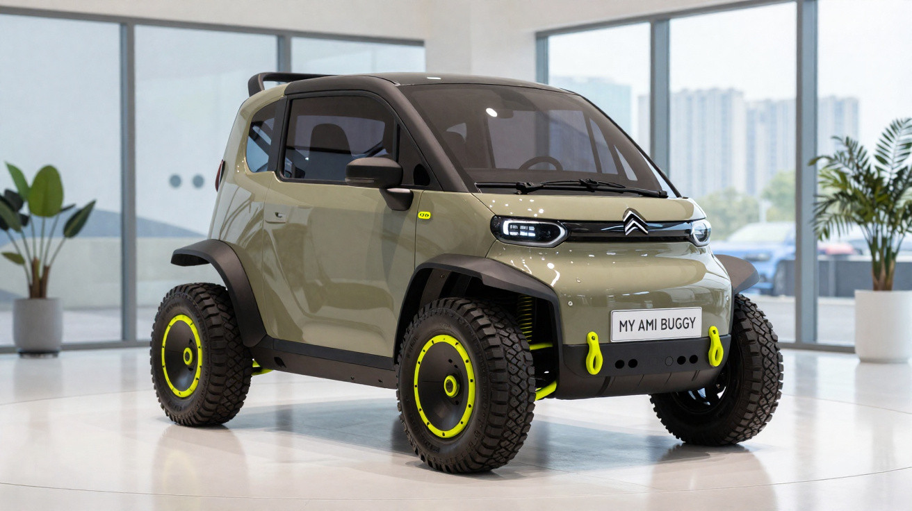 Carro elétrico Citroën My Ami Buggy verde com detalhes em amarelo exibido em salão moderno.