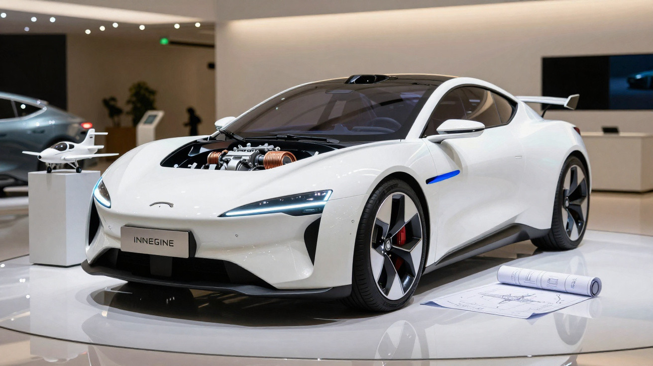 Carro esportivo branco exposto, com motor visível no capô e planta baixa ao lado, em ambiente moderno e iluminado.