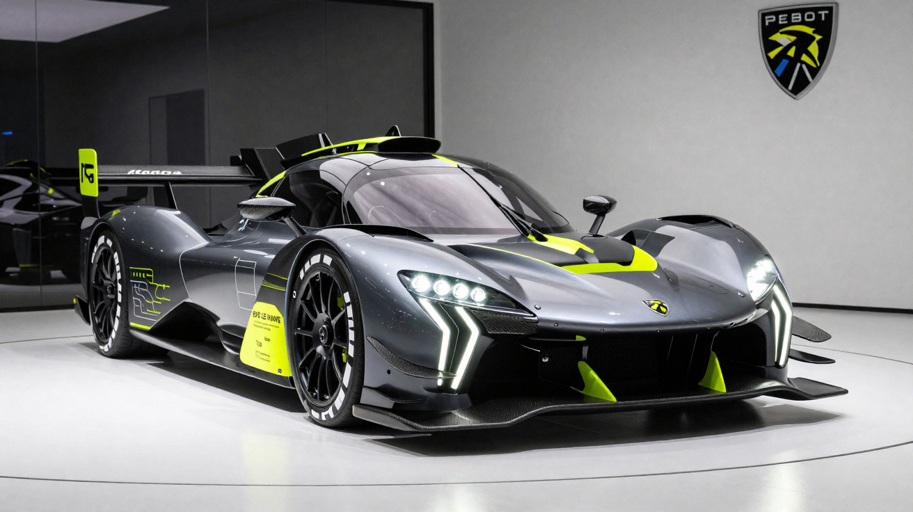 Carro esportivo elétrico Pebot modelo 01 em cinza com detalhes neon em exposição interna.