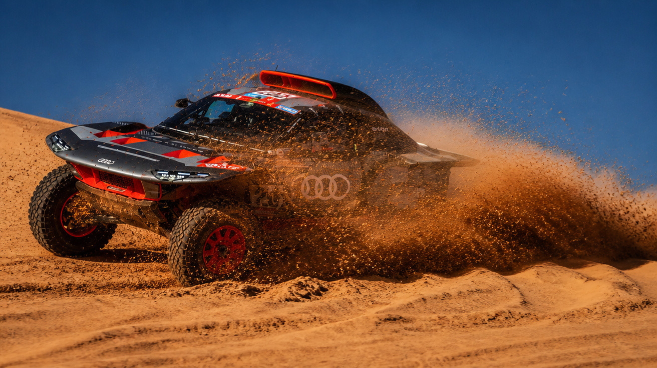 Carro de rally da Audi levantando poeira ao fazer curva rápida em terreno arenoso sob céu azul.