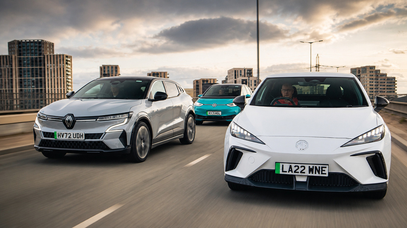 Três carros elétricos modernos em uma estrada urbana com prédios ao fundo e céu nublado ao entardecer.