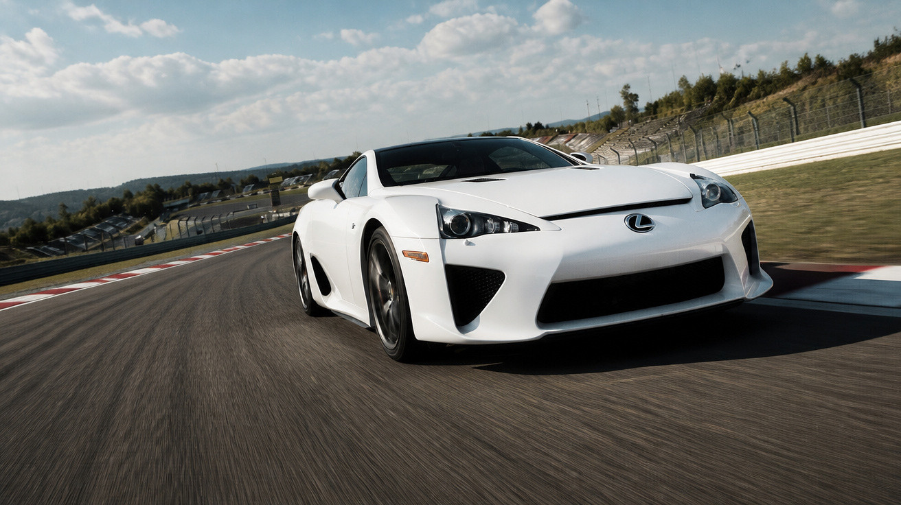 Carro esportivo branco Lexus em alta velocidade em pista de corrida com céu parcialmente nublado.