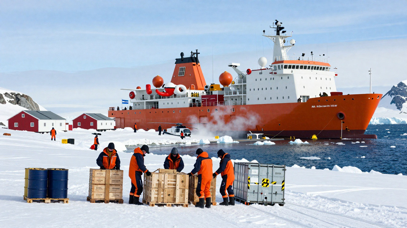 Equipe em trajes laranja manuseia cargas em caixas de madeira na neve com navio de pesquisa laranja ao fundo.