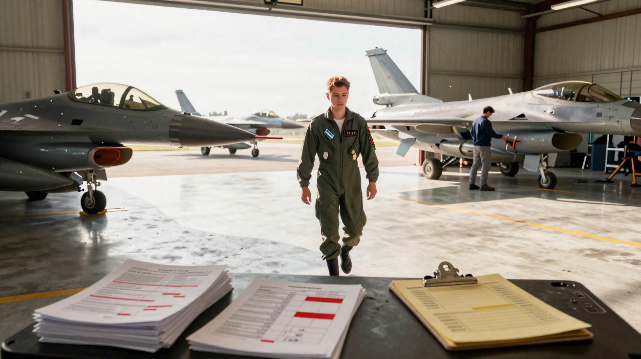Piloto jovem caminhando em hangar de aeronaves militares com aviões ao fundo e documentos em mesa à frente.