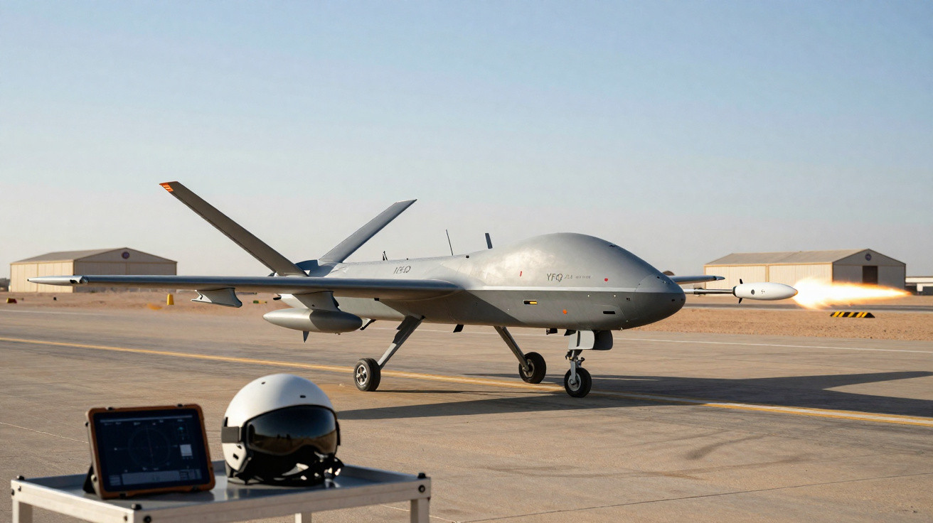 Drone militar cinza decolando em pista com capacete e painel de controle em primeiro plano.