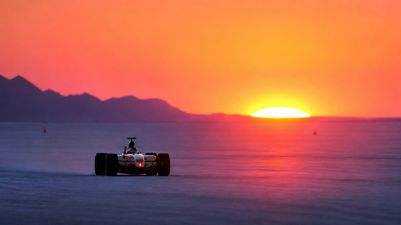 Carro de corrida acelerando ao pôr do sol com montanhas ao fundo em paisagem desértica.