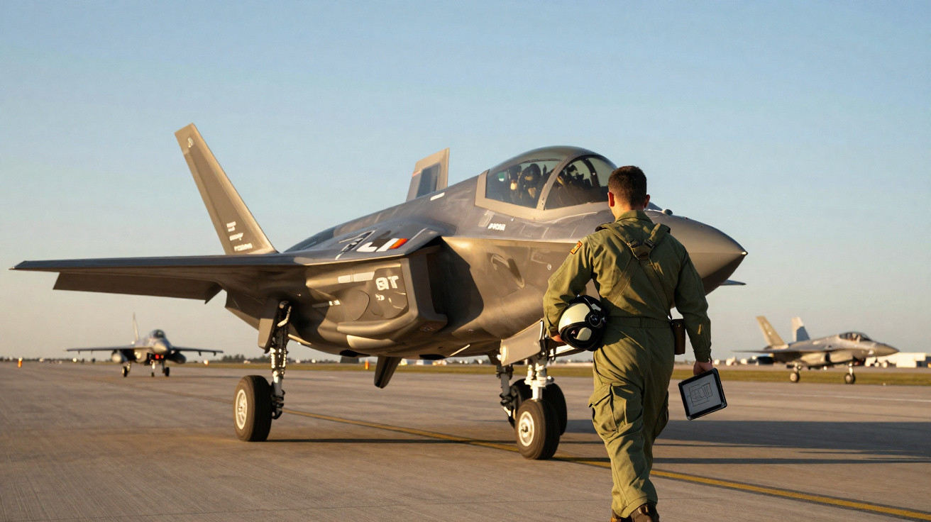 Piloto militar de uniforme verde caminha em direção a caça F-35 estacionado em pista de aeródromo ao pôr do sol.