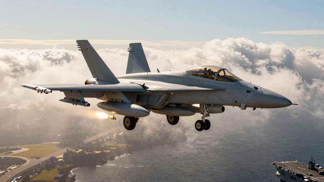 Caça militar cinza em voo próximo a um porta-aviões sobre o mar e nuvens ao fundo.