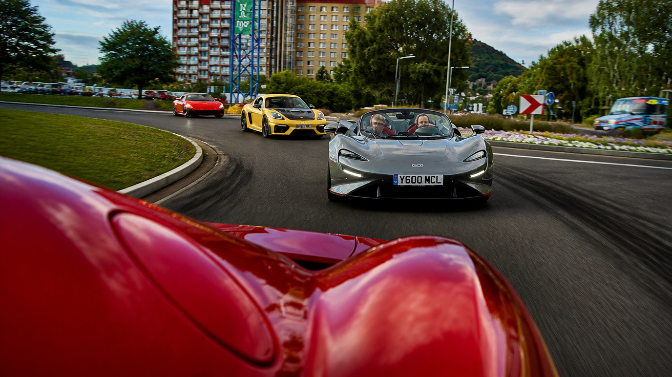 Carros esportivos em curvas de estrada urbana com edifícios e árvores ao fundo.