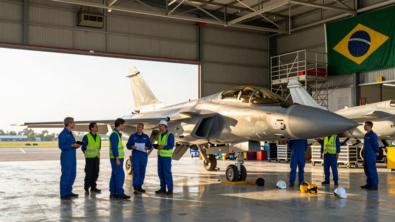 Técnicos militares em hangar com uniforme azul e coletes verdes ao redor de caça jato sob bandeira do Brasil.