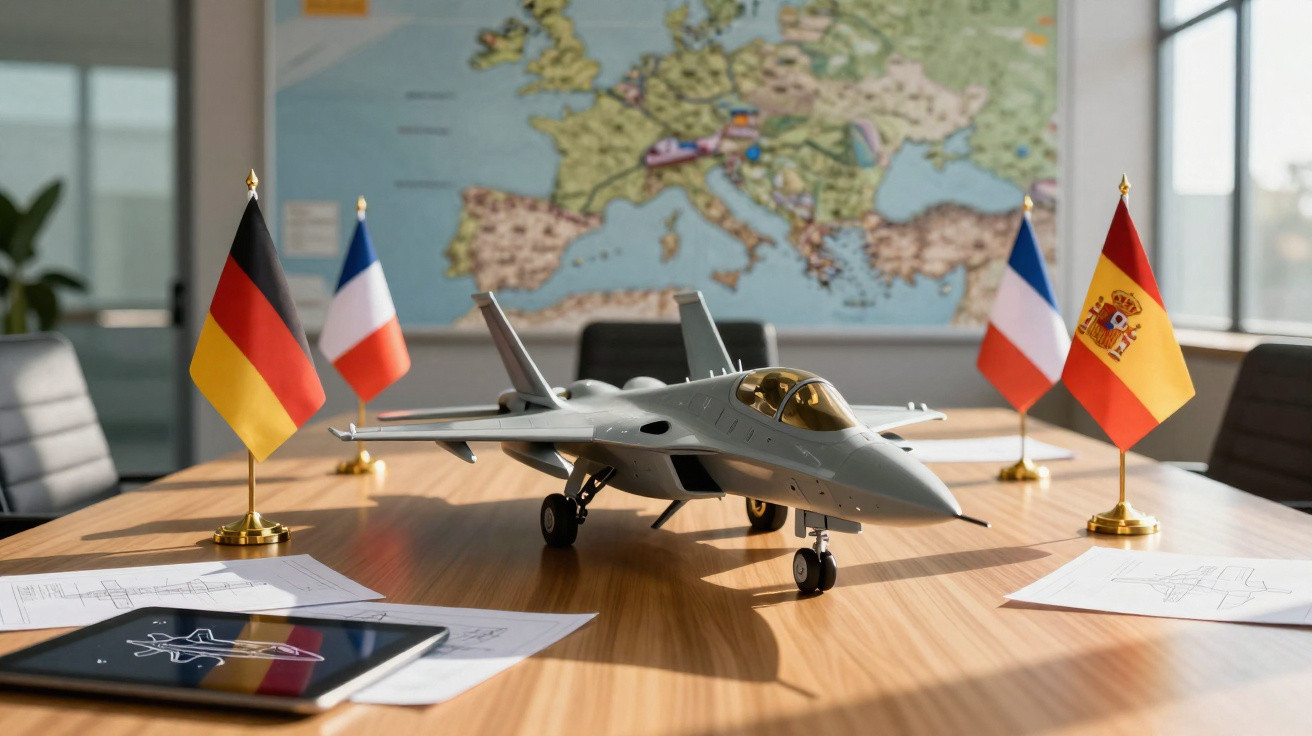 Modelo de avião militar sobre mesa com miniaturas das bandeiras da Alemanha, França e Espanha e mapa da Europa ao fundo.