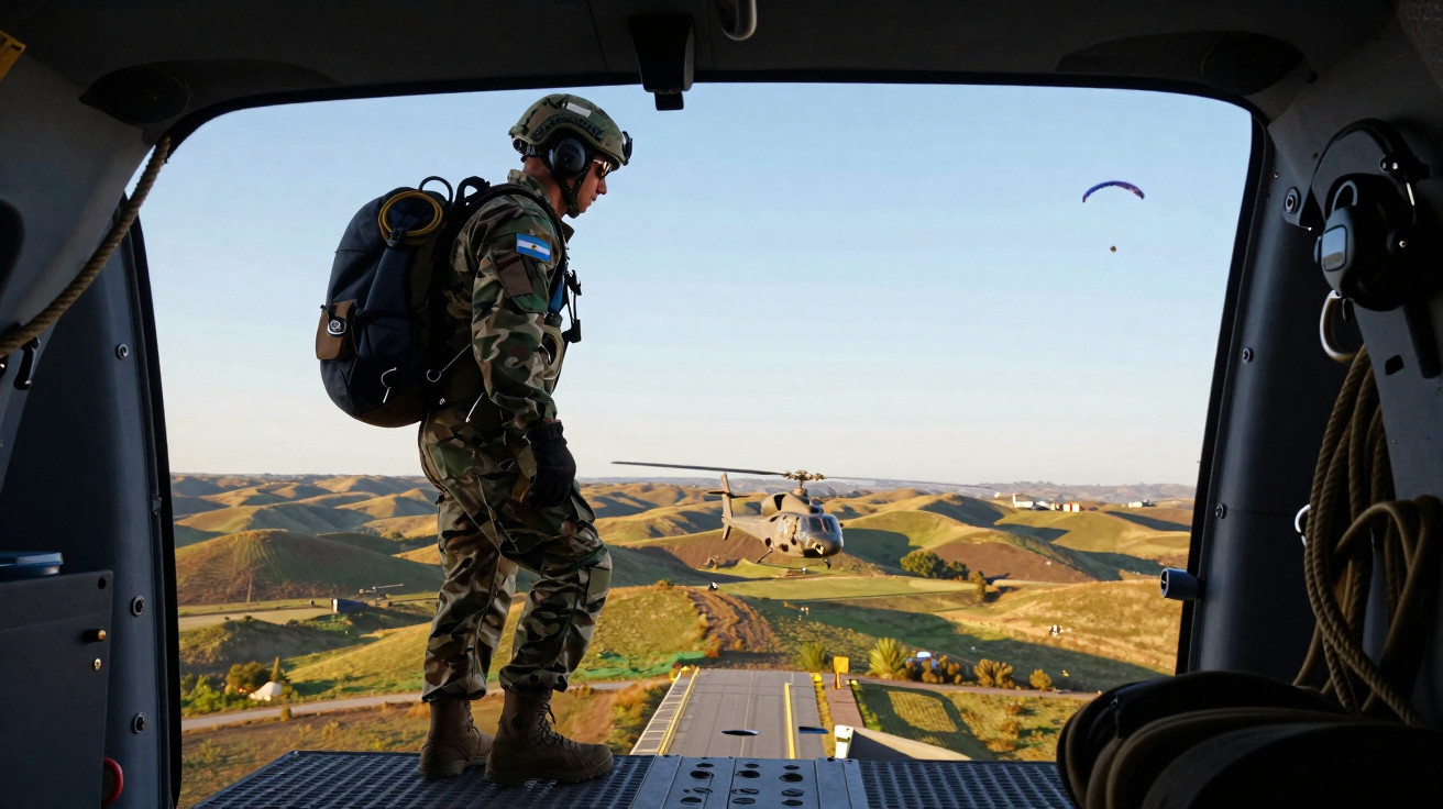 Militar com mochila e capacete observa helicóptero pousando em área rural de colinas verdes ao amanhecer.