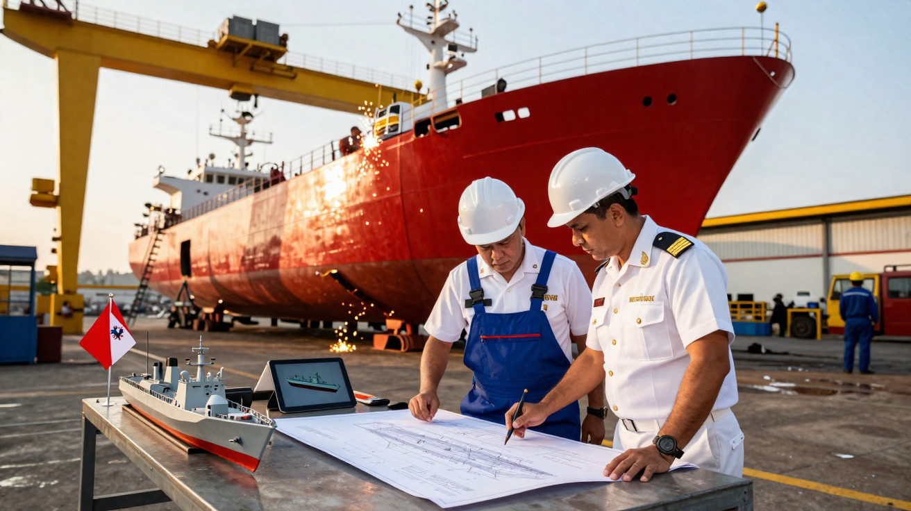 Dois homens com capacetes revisam plantas de navio em indústria naval com modelo e navio grande ao fundo.