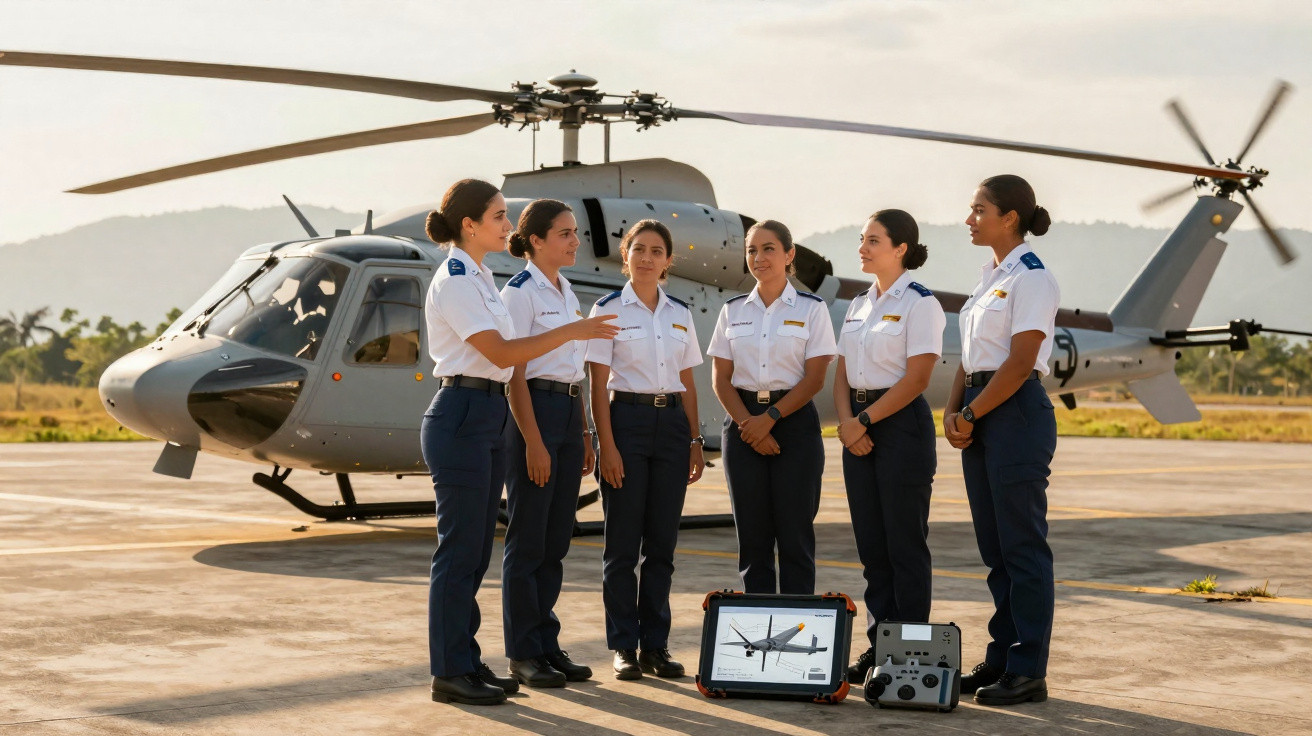 Seis mulheres em uniformes militares ao lado de um helicóptero em um pátio de aeroporto durante o dia.