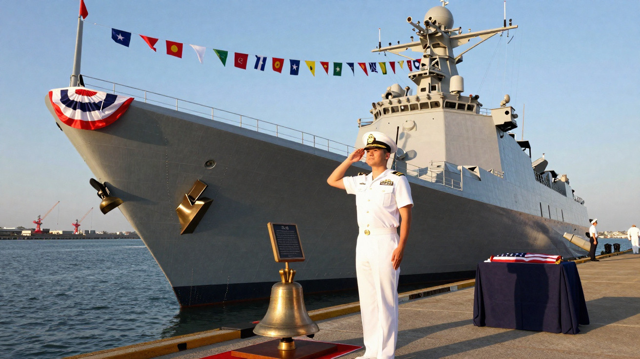 Navio de guerra atracado, oficial naval em saudação e sino comemorativo na doca ao entardecer.