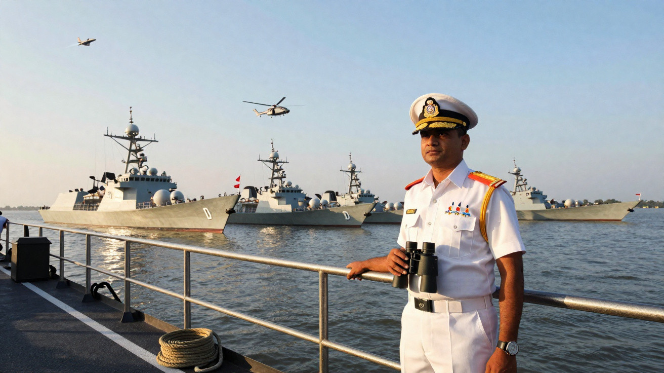 Oficial naval em uniforme branco com binóculos, com navios de guerra e helicópteros ao fundo no mar.