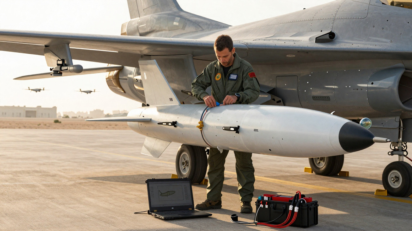 Militar em uniforme verifica bomba guiada presa em avião militar cinza na pista de pouso ao amanhecer.