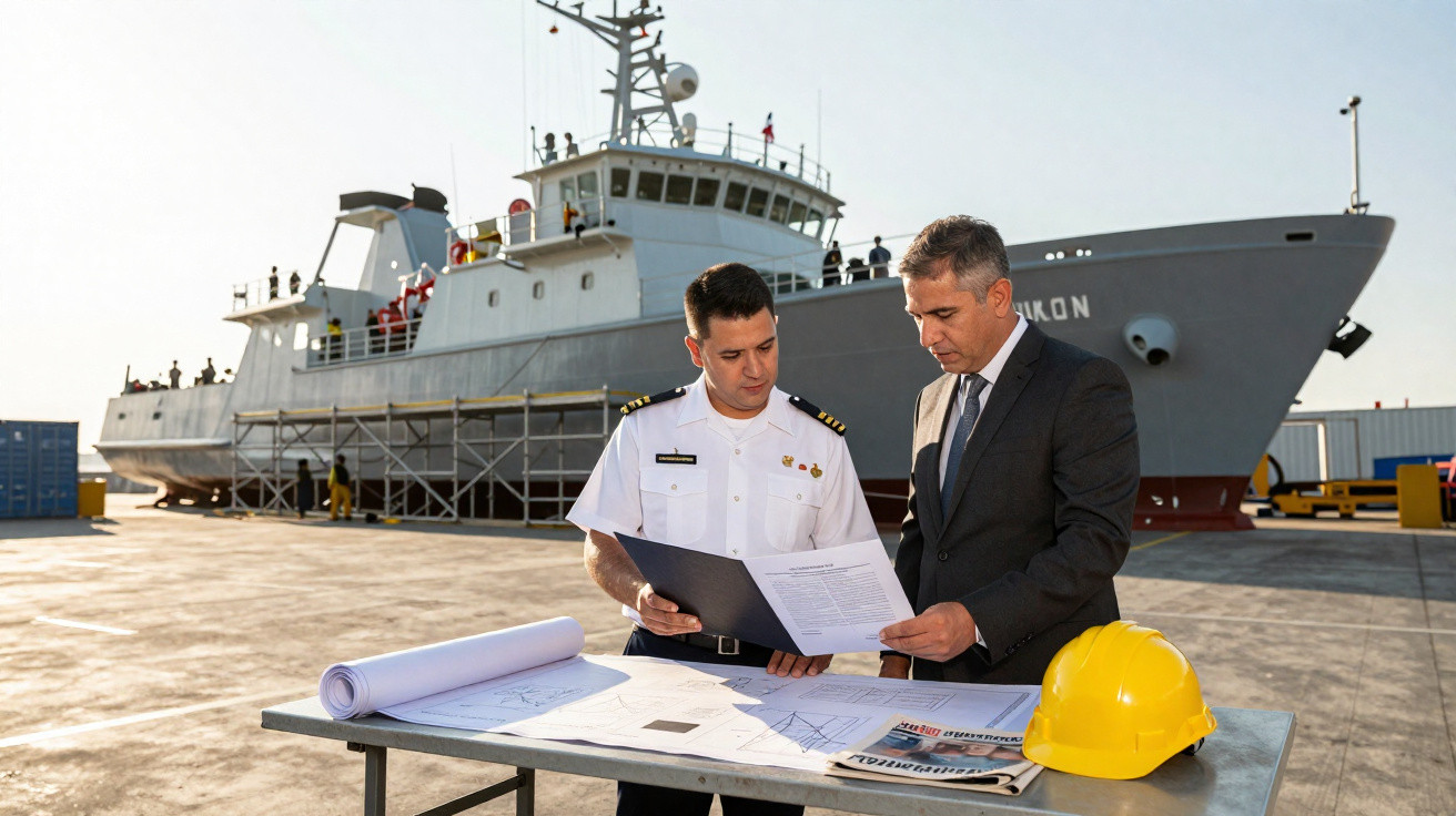 Oficial da marinha e executivo analisando documentos e plantas na doca com navio ao fundo.