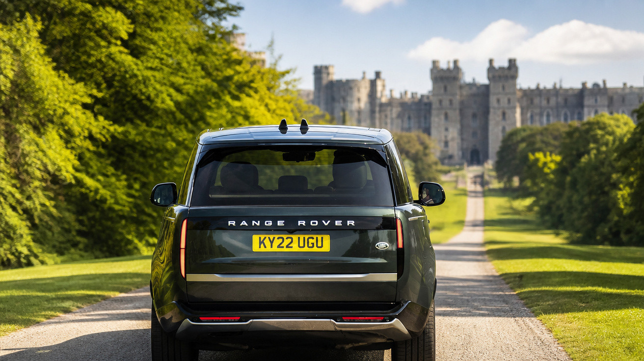 SUV Range Rover estacionado em estrada com castelo ao fundo em dia ensolarado.