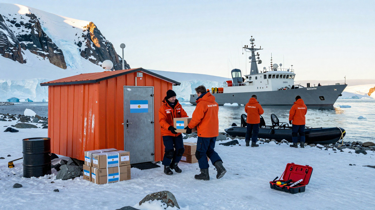 Equipe com casacos laranja descarregando caixas em base na neve com barco e montanhas ao fundo.