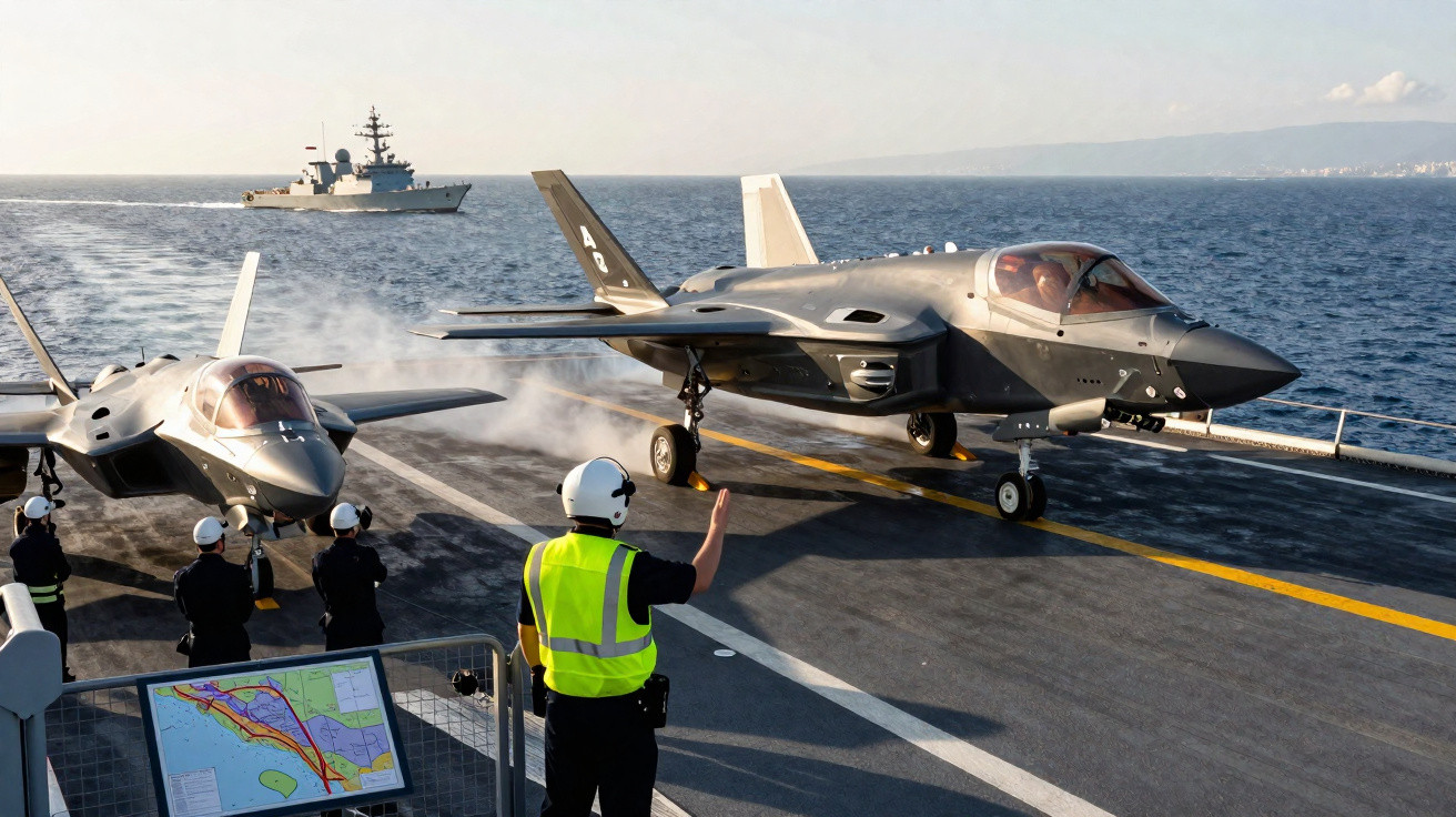 Dois caças F-35 sobre convés de porta-aviões com equipe naval em ação e navio ao fundo no mar.
