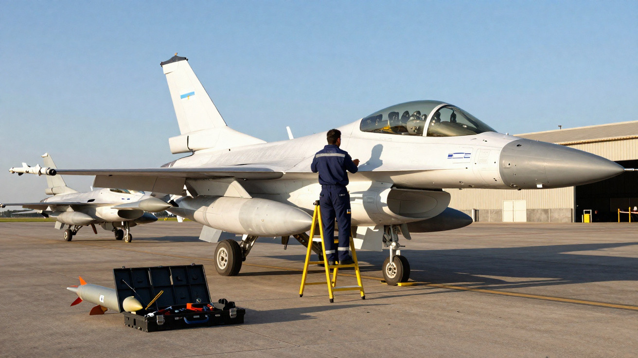Técnico realiza manutenção em caça F-16 branco em pista de aeroporto sob céu claro.