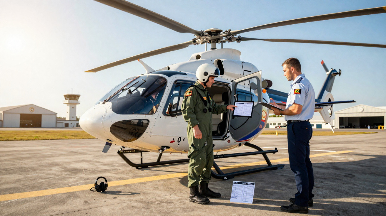 Dois pilotos, um com uniforme verde e capacete e outro com camisa azul, conferem documentos ao lado de helicóptero branco no 