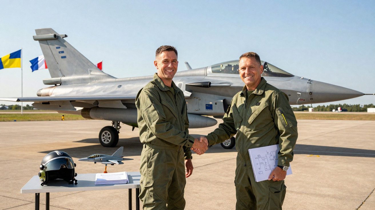 Dois pilotos militares apertando as mãos na pista, com caça ao fundo e mesa com capacete e documentos.