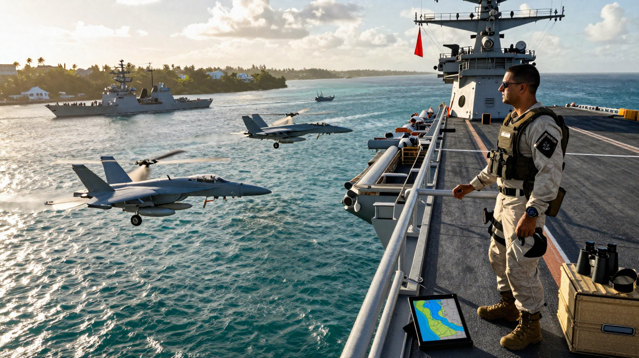 Militar observa jatos decolando de porta-aviões no mar próximo a outra embarcação militar.