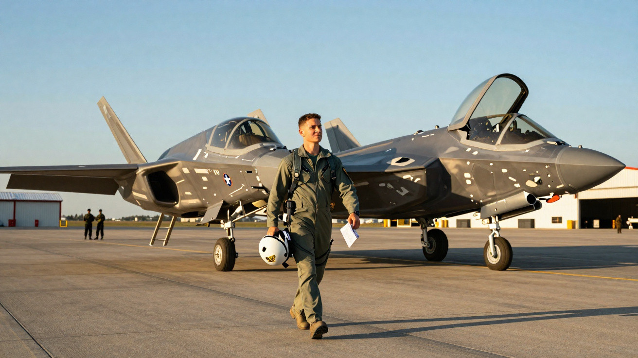 Piloto militar caminhando próximo a um caça furtivo em pista de aeroporto ao entardecer.