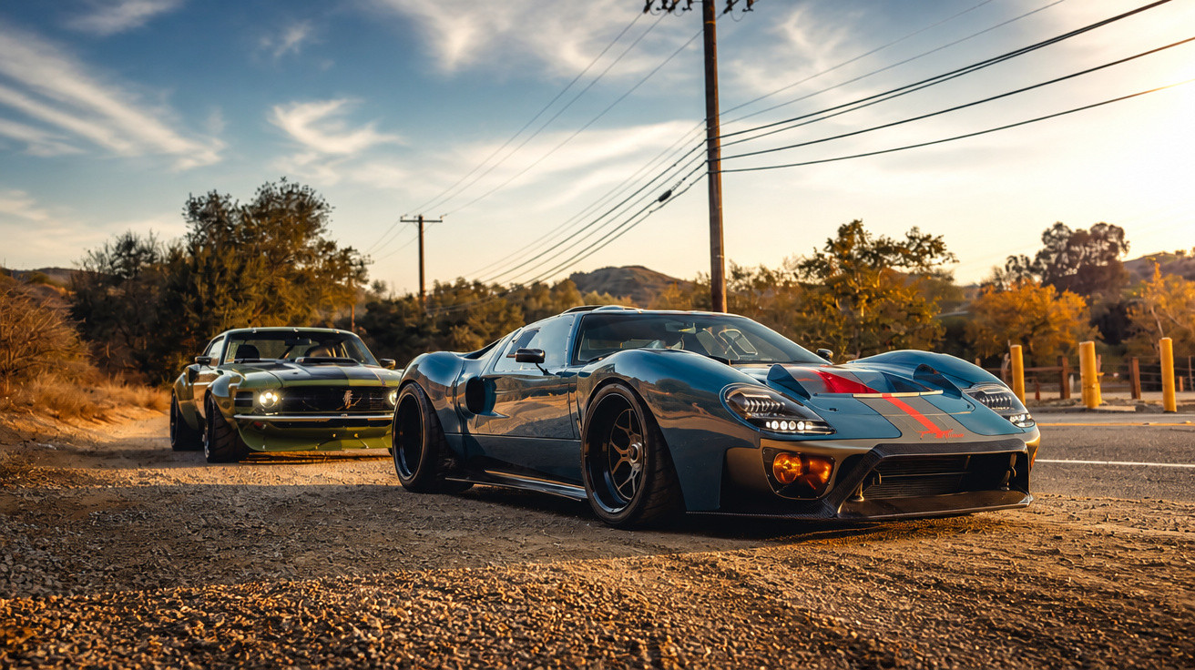 Dois carros esportivos, um Ford GT preto em primeiro plano e um Mustang verde ao fundo, em estrada rural ao pôr do sol.
