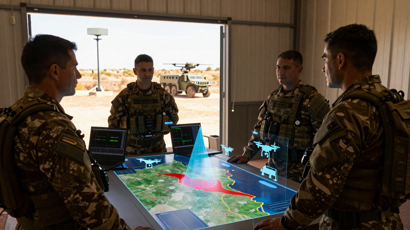 Militares em uniforme analisa mapa digital com hologramas de drones e veículo em sala com vista para campo árido.