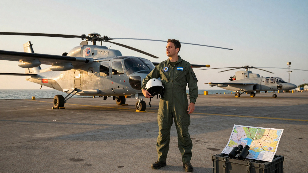 Piloto em uniforme verde ao lado de helicóptero em área de pouso com mapa e binóculos à frente.