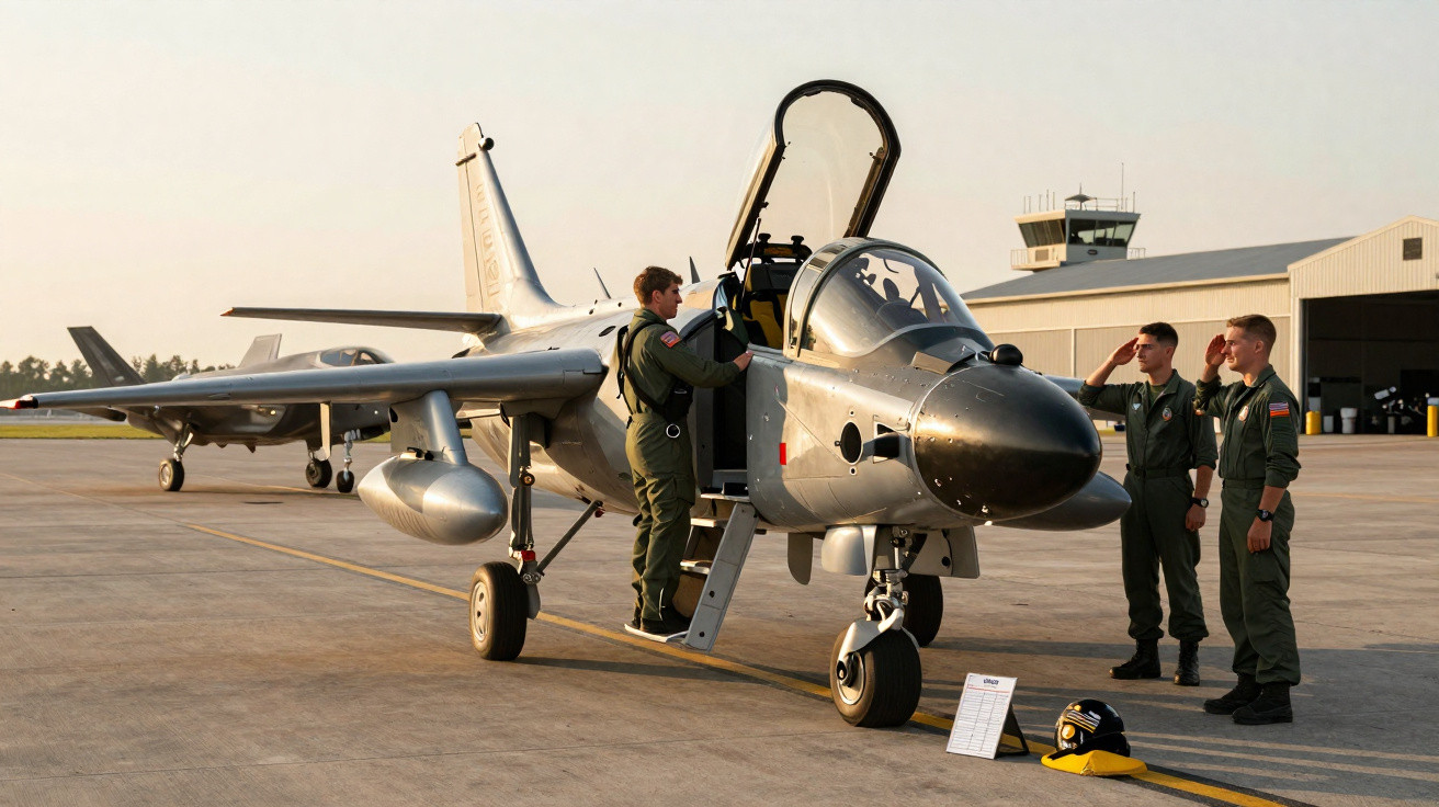 Pilotos militares em uniformes verdes ao redor de avião de caça prata em pista de aeroporto ao entardecer.