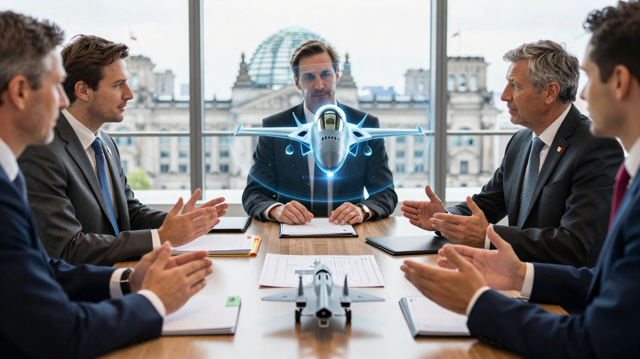 Cinco homens em traje formal discutem projeto de avião holográfico em sala de reunião com vista urbana.