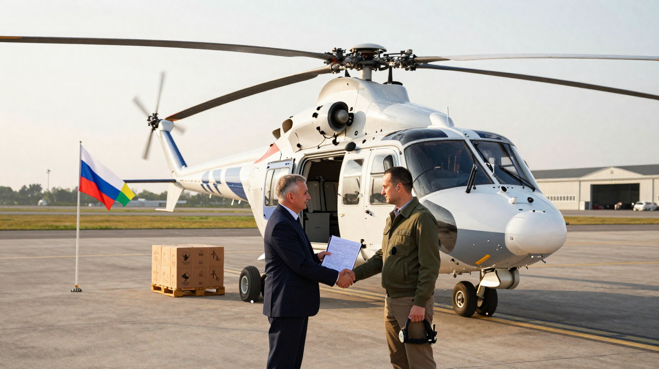 Dois homens apertam as mãos ao lado de um helicóptero branco em um aeroporto, com bandeiras ao fundo.