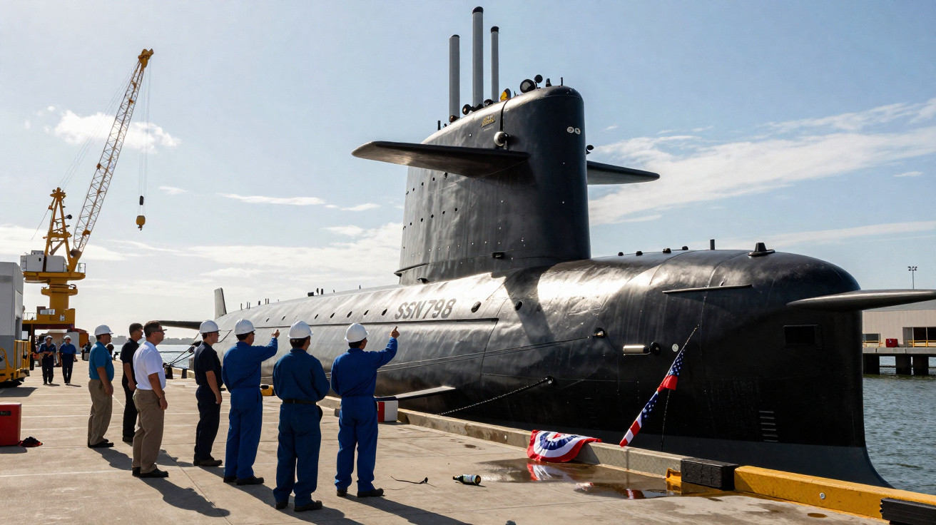 Submarino preto atracado com tripulação em uniformes azuis e brancos em um cais sob céu claro.