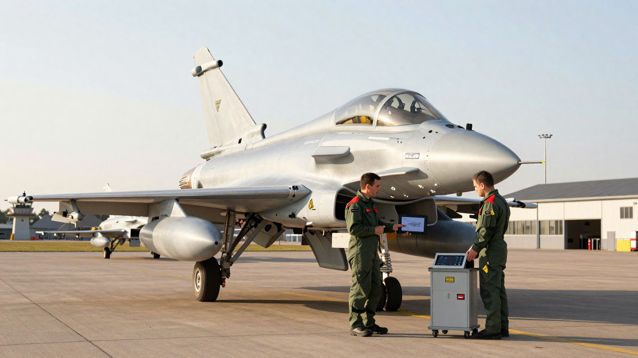 Dois pilotos em uniforme conversam ao lado de caça militar estacionado em pista de aeroporto.