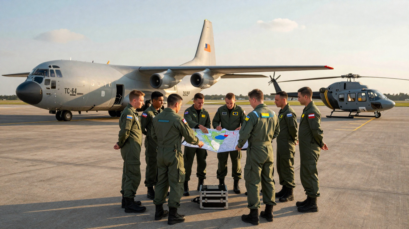 Militares em uniforme reunidos no aeroporto estudando mapa com avião e helicóptero ao fundo.