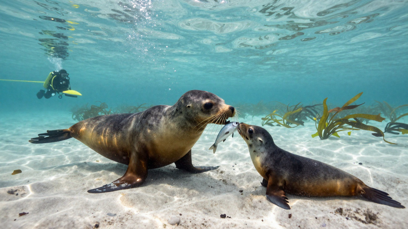Focas subaquáticas interagindo, uma passando um peixe para a outra no fundo do mar com mergulhador ao fundo.