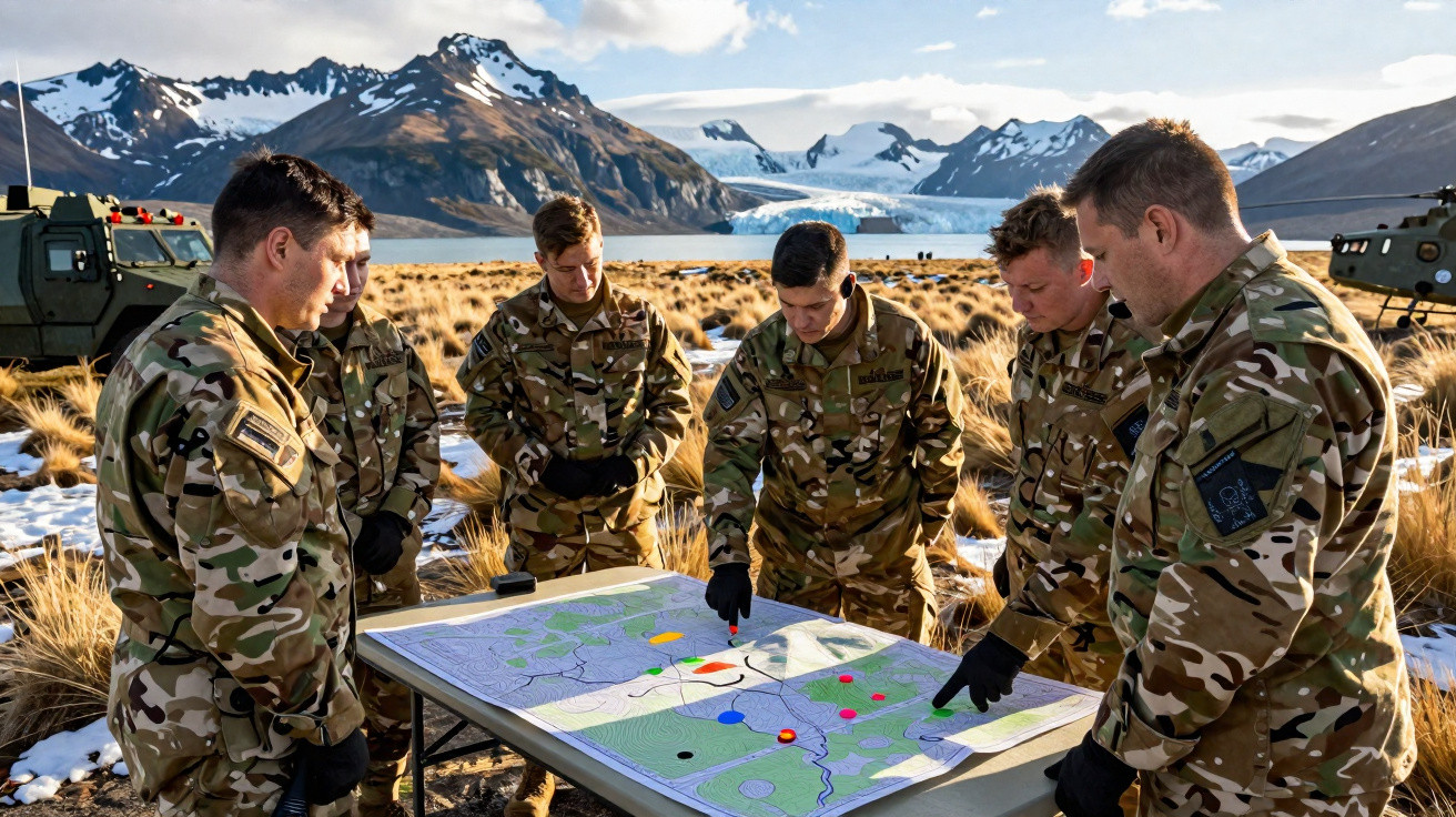 Soldados em uniformes camuflados analisam mapa em mesa ao ar livre, com montanhas nevadas ao fundo.