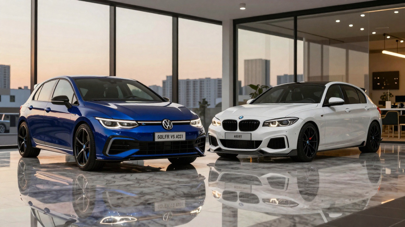 Dois carros esportivos estacionados em piso de mármore dentro de showroom moderno ao entardecer.