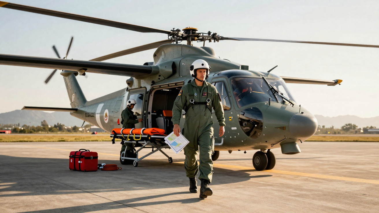 Militares com macacão verde e capacete branco saem de helicóptero militar em área de pouso ao entardecer.