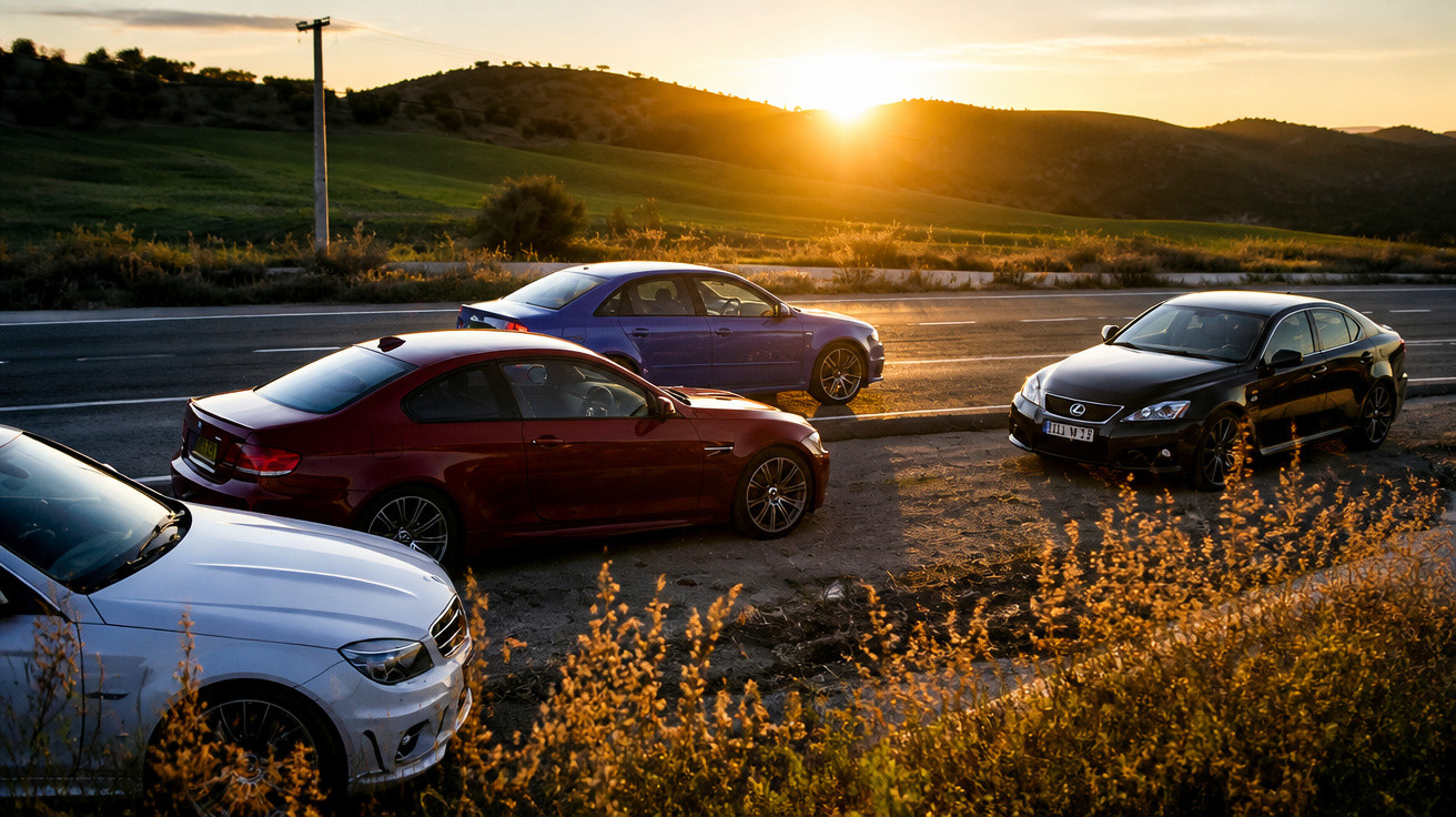 Quatro carros estacionados em área de descanso ao pôr do sol, com colinas verdes ao fundo.